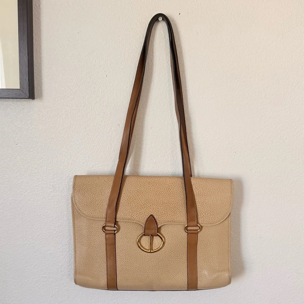 Christian Dior Vintage Tan Leather Double Handle Shoulder Bag with Gold CD Logo
